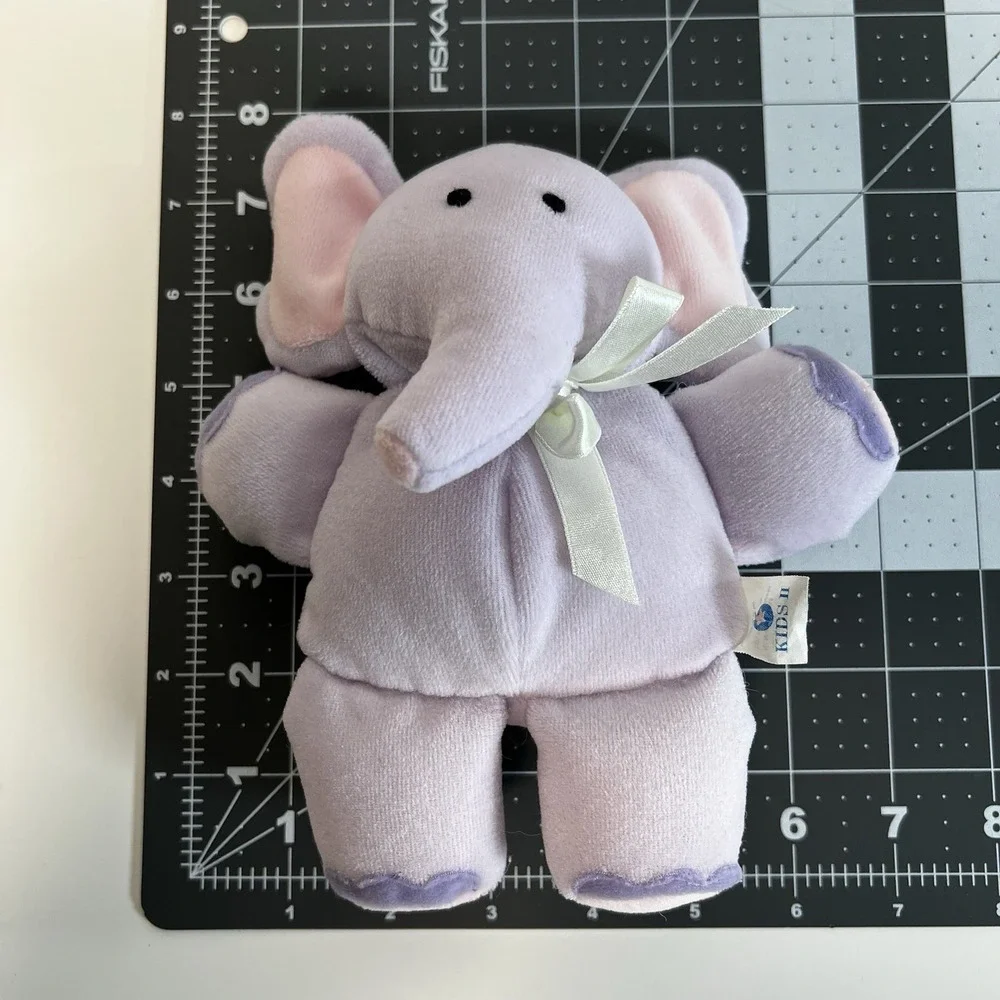 Kids II 2 Purple Elephant Soft Plush Lovey Baby Rattle With Satin Ribbon Vtg